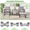 Two comfortable gray ottomans with a 2-layer side table in a 5-piece outdoor rattan conversation set for backyard.