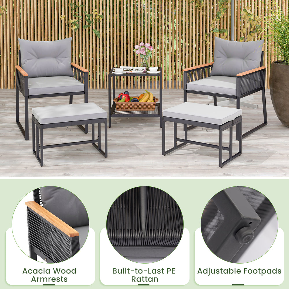 5-piece outdoor rattan conversation set featuring gray cushions, acacia wood armrests, and a 2-layer side table for.