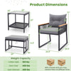 Dimensions of the 5-piece outdoor rattan conversation set with gray cushions, including a side table and ottomans.