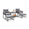 5-piece outdoor rattan conversation set with gray cushions, includes 2-layer side table and 2 ottomans for backyard.