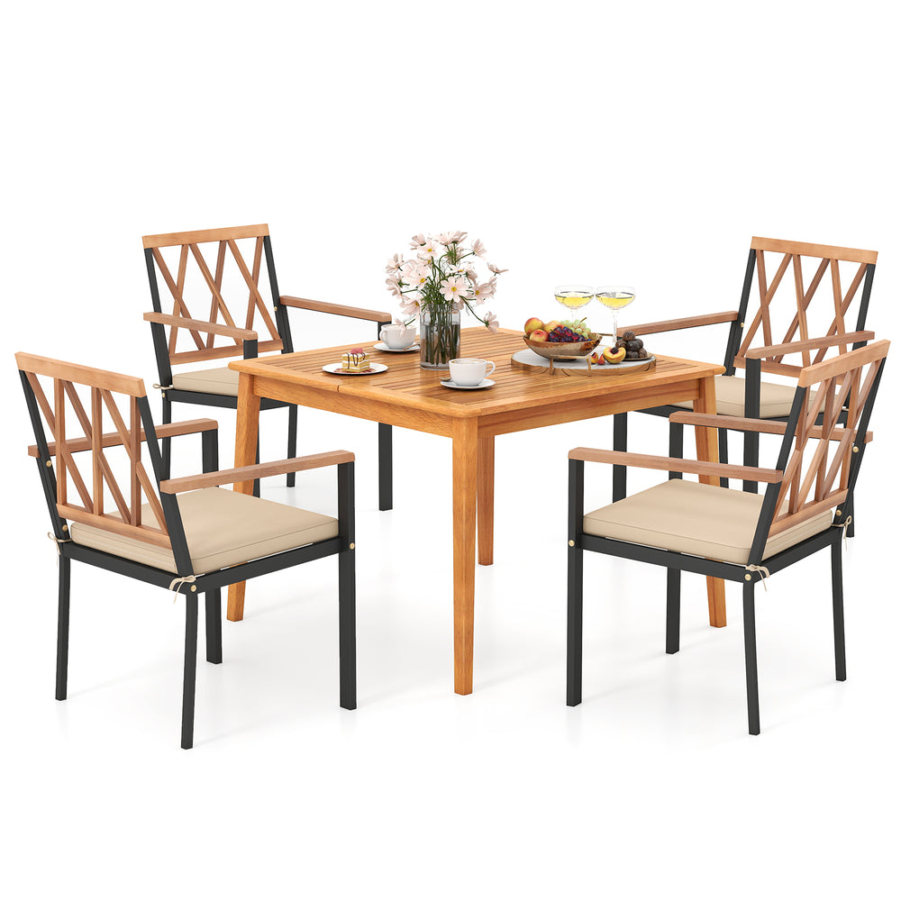 5-piece patio dining set featuring solid acacia wood table and chairs with removable cushions, ideal for outdoor dining.