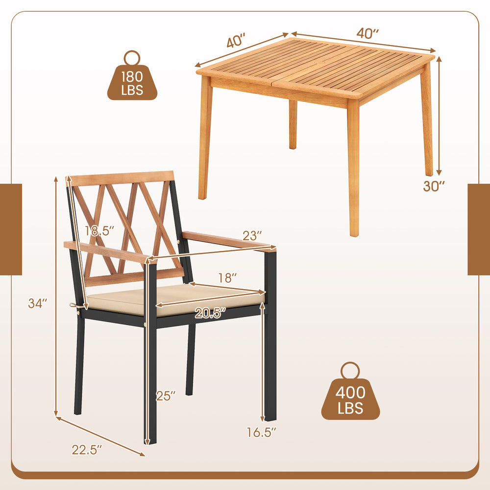 5-piece patio dining set featuring solid acacia wood table and chairs, with umbrella hole and removable cushion covers.