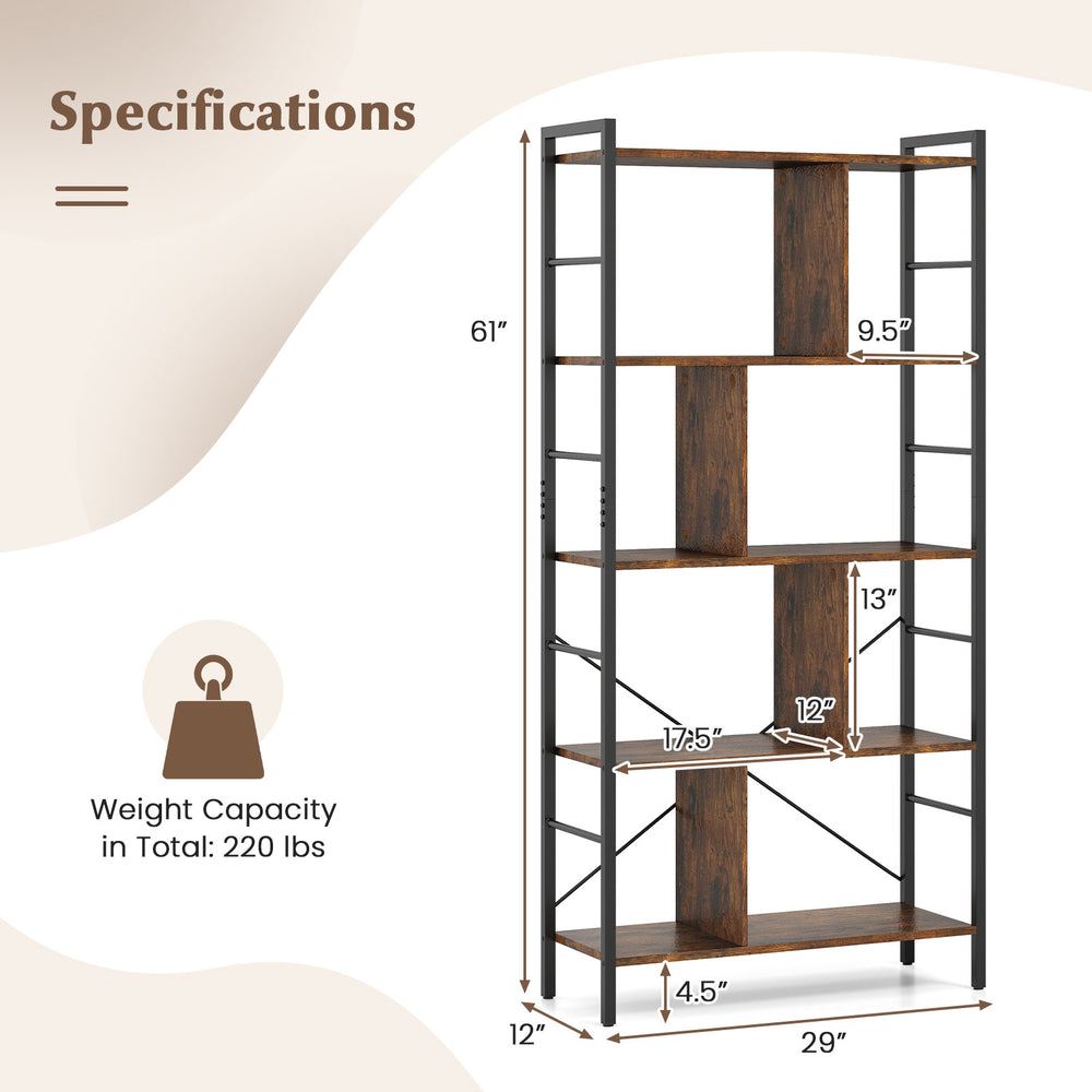 5-tier industrial bookshelf with metal frame, 61 inches tall, featuring ample storage and anti-falling design for.
