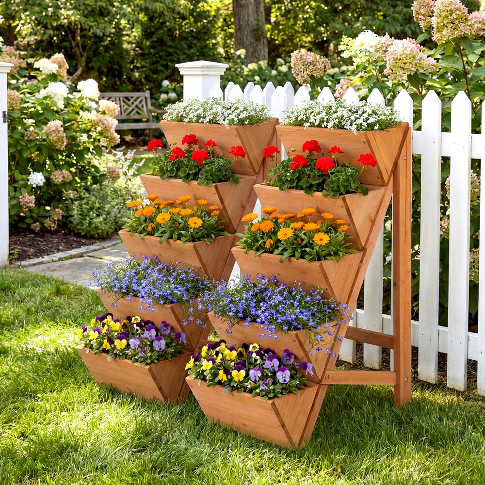 5-tier vertical raised garden bed with a sturdy wooden frame, displaying colorful flowers, perfect for enhancing garden.