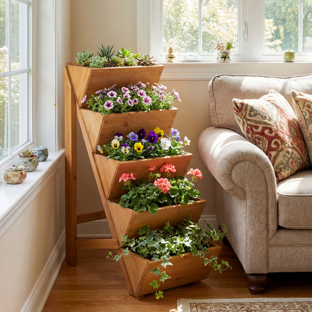 5-tier vertical raised garden bed made of fir wood, showcasing vibrant flowers, perfect for small spaces and indoor use.