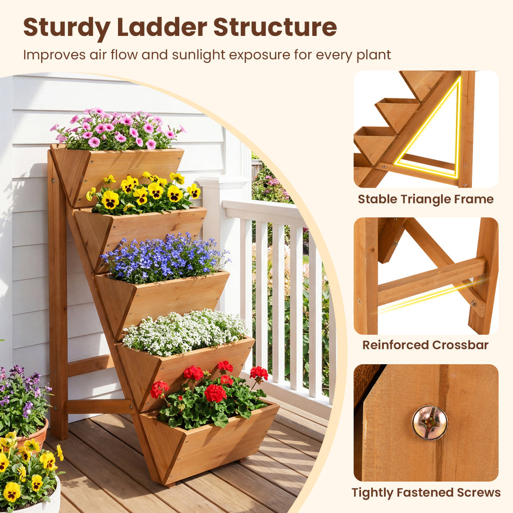 5-tier vertical raised garden bed made of fir wood, featuring a sturdy ladder structure for optimal plant growth.