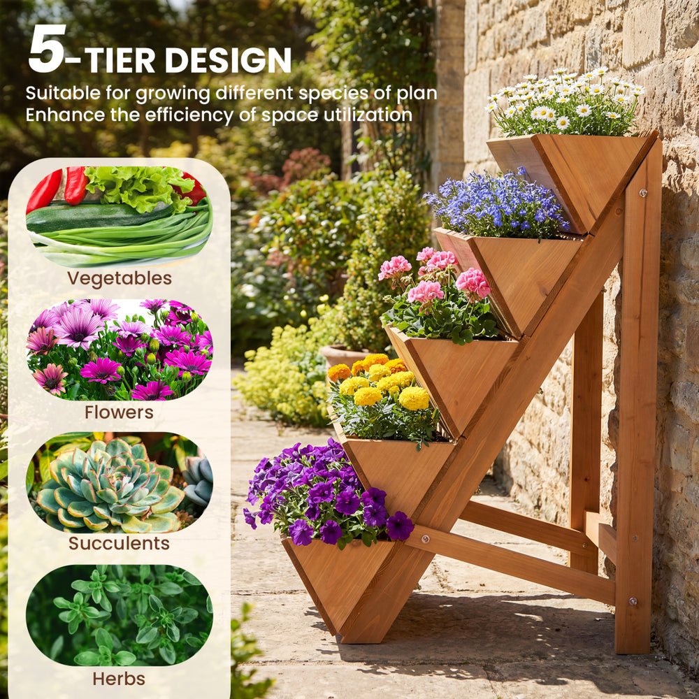 5-tier vertical raised garden bed made of fir wood, ideal for growing vegetables, flowers, and herbs in small spaces.
