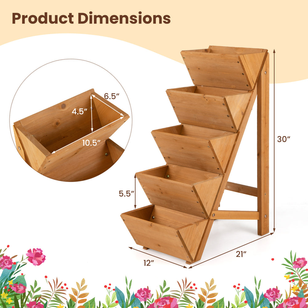 5-tier vertical raised garden bed made of fir wood, featuring dimensions 30" height and 21" width for efficient space.