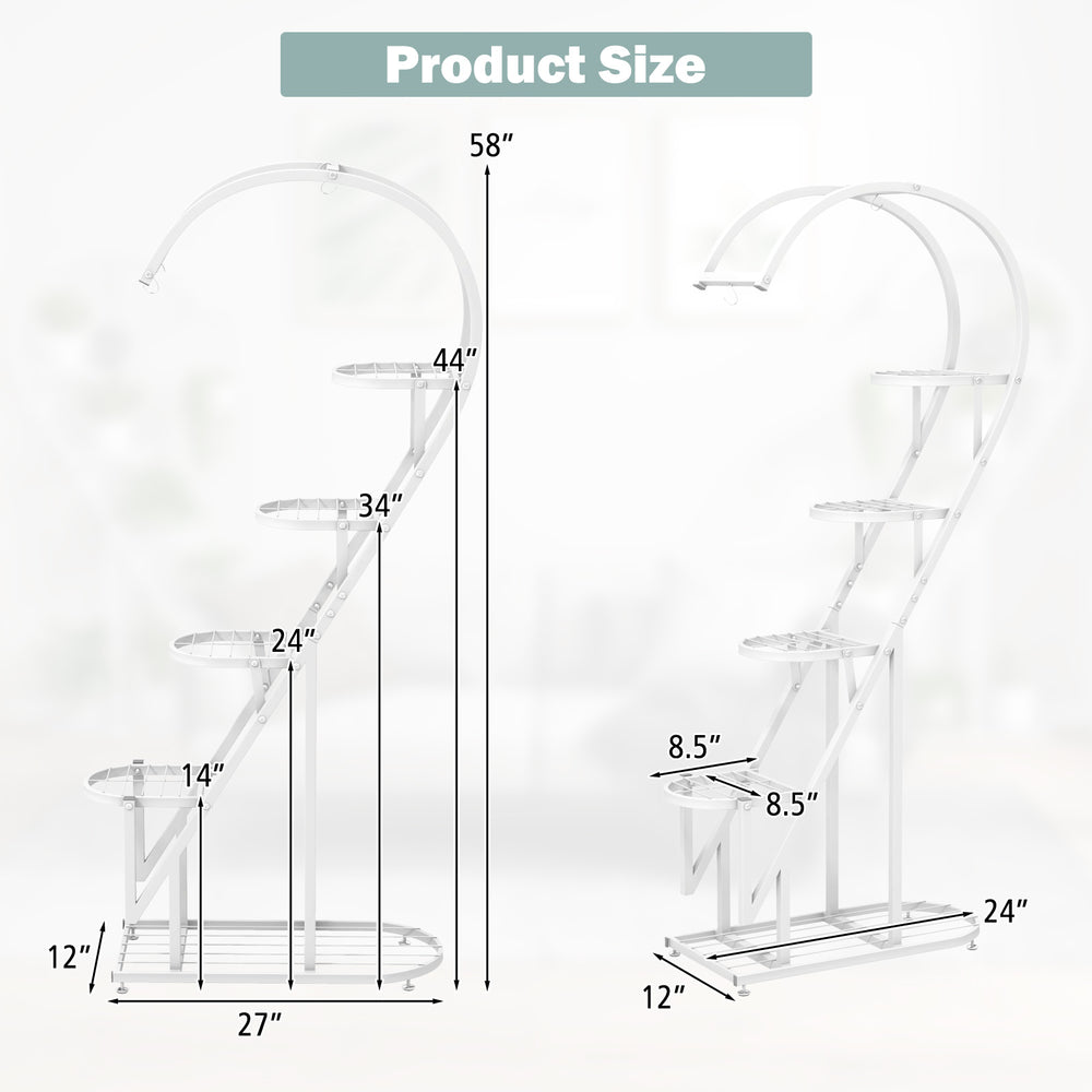 5-tier white metal plant stand with hanging hook, measuring 58 inches tall, designed for multiple flower pots and decor.