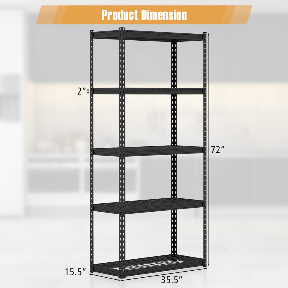 5-tier metal shelving unit with adjustable shelves, anti-slip foot pads, and a height of 72 inches for garage storage.