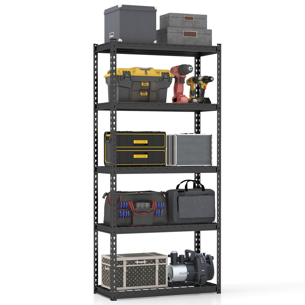 5-tier metal shelving unit with adjustable shelves, anti-slip foot pads, and ample storage for garage organization.