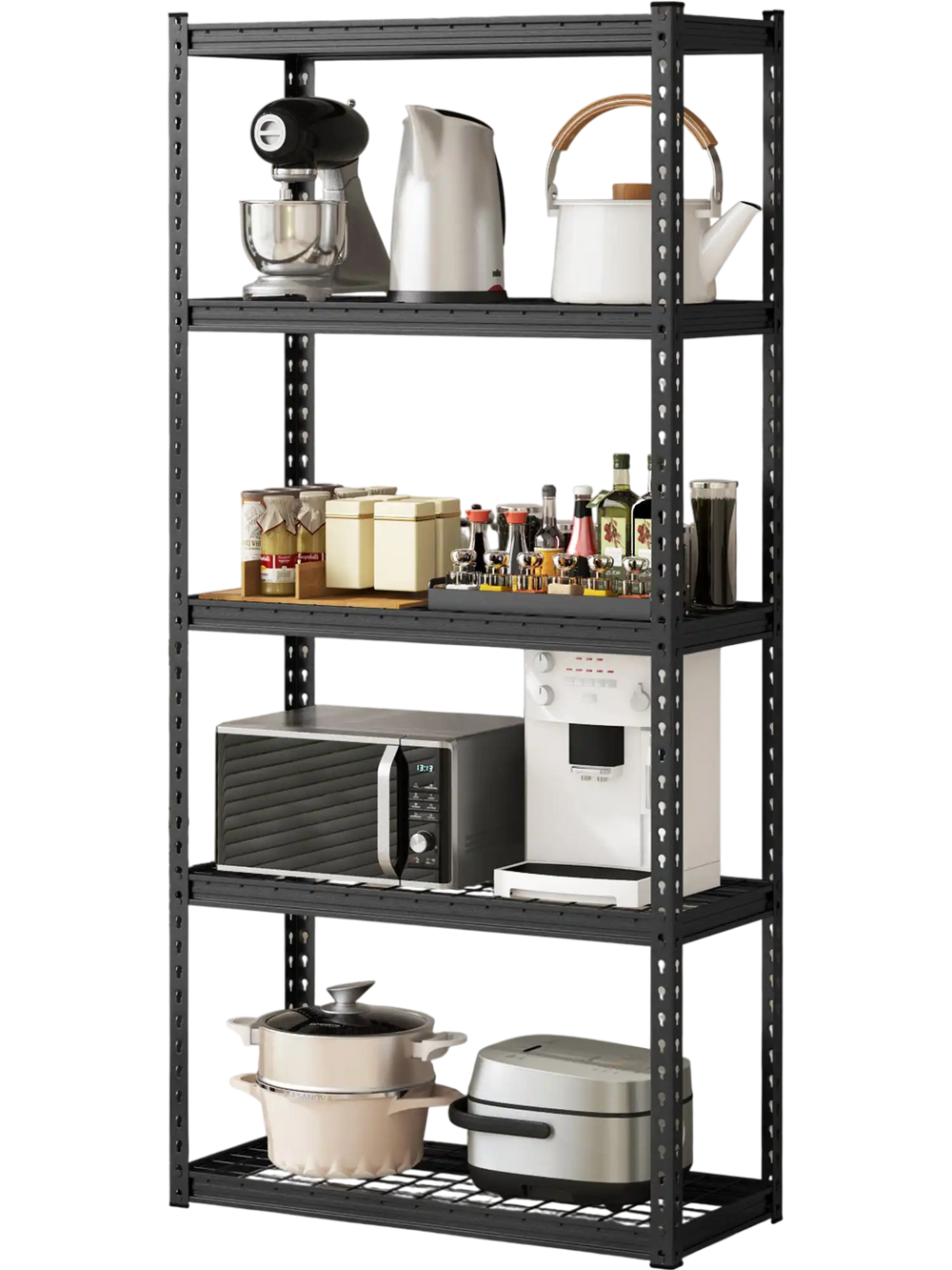 5-tier metal shelving unit with adjustable shelves, anti-slip foot pads, perfect for garage or kitchen storage.
