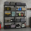 5-tier metal shelving unit displaying various storage boxes and tools, designed for versatile garage organization.