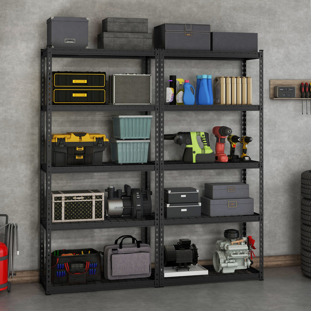 5-tier metal shelving unit displaying various storage boxes and tools, designed for versatile garage organization.
