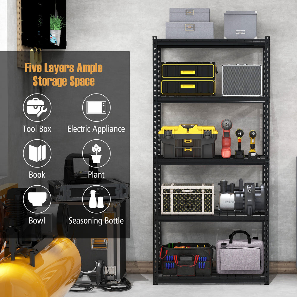 5-tier metal shelving unit with adjustable shelves, anti-slip foot pads, ideal for garage storage and organization.