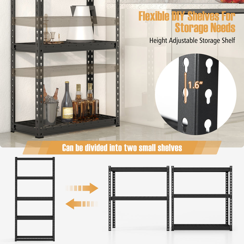 5-tier metal shelving unit with adjustable shelves, featuring anti-slip foot pads for secure garage storage.
