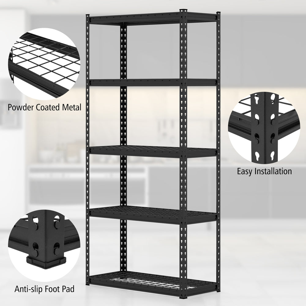 5-tier metal shelving unit with adjustable shelves, anti-slip foot pads, and easy installation for garage storage.