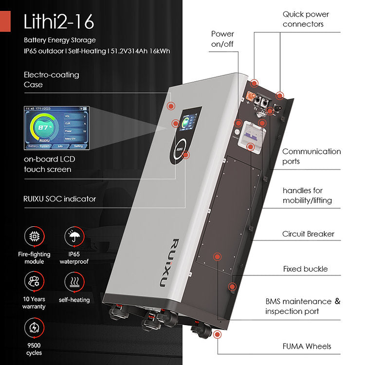 RUiXU Lithi2-16 Battery Energy Storage 16kWh LiFePO4 51.2V 314Ah Self Heating New