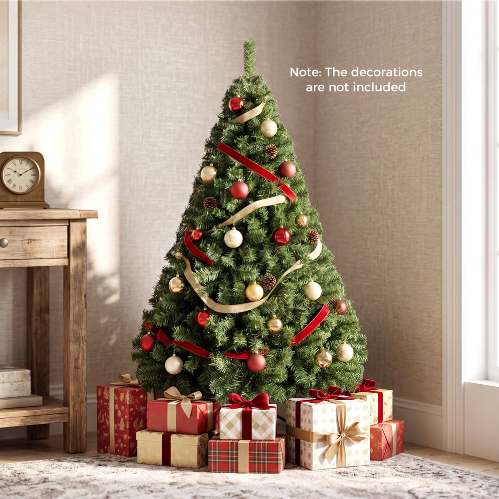 5 FT artificial Christmas tree with lush green PVC leaves and hinged branches, ideal for creating a festive atmosphere.