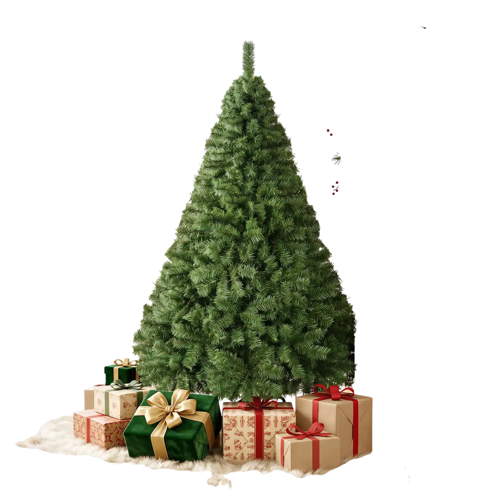 Full view of a 5 FT green artificial Christmas tree with 519 branch tips, surrounded by wrapped gifts for festive decoration.