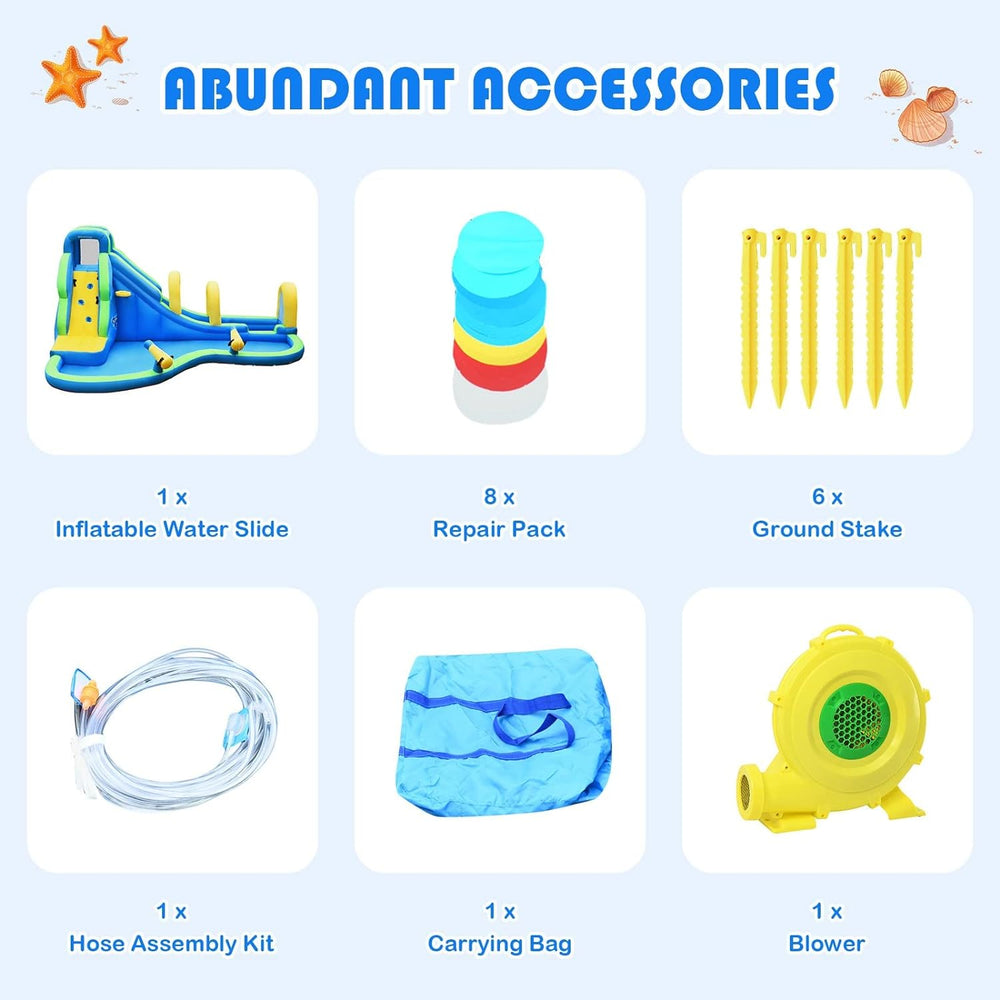 Multifunctional inflatable water bounce with 735W blower, includes repair pack, ground stakes, and carrying bag for.