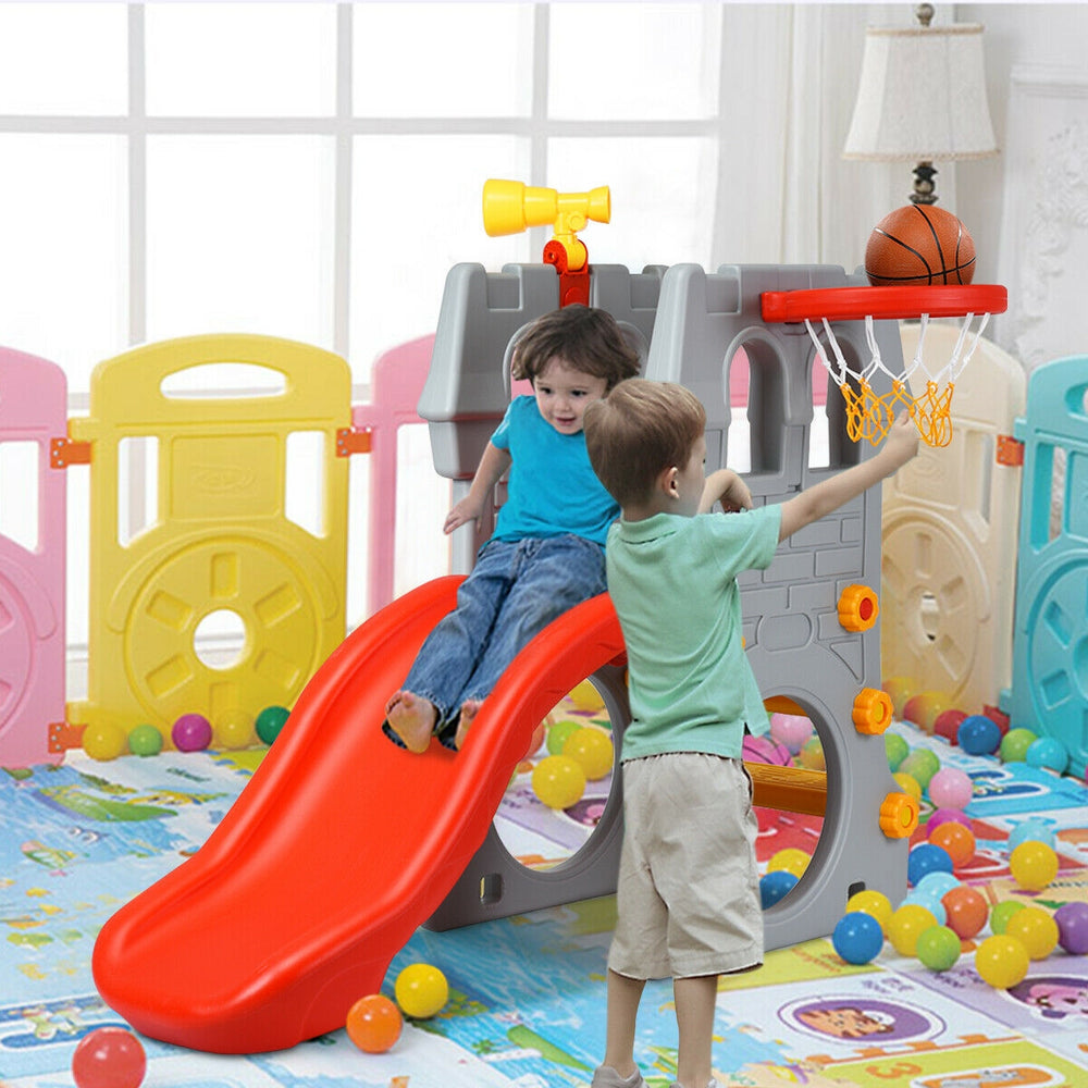 Toddler climber slide playset with basketball hoop, featuring a non-slip ladder and smooth edges for safe indoor play.