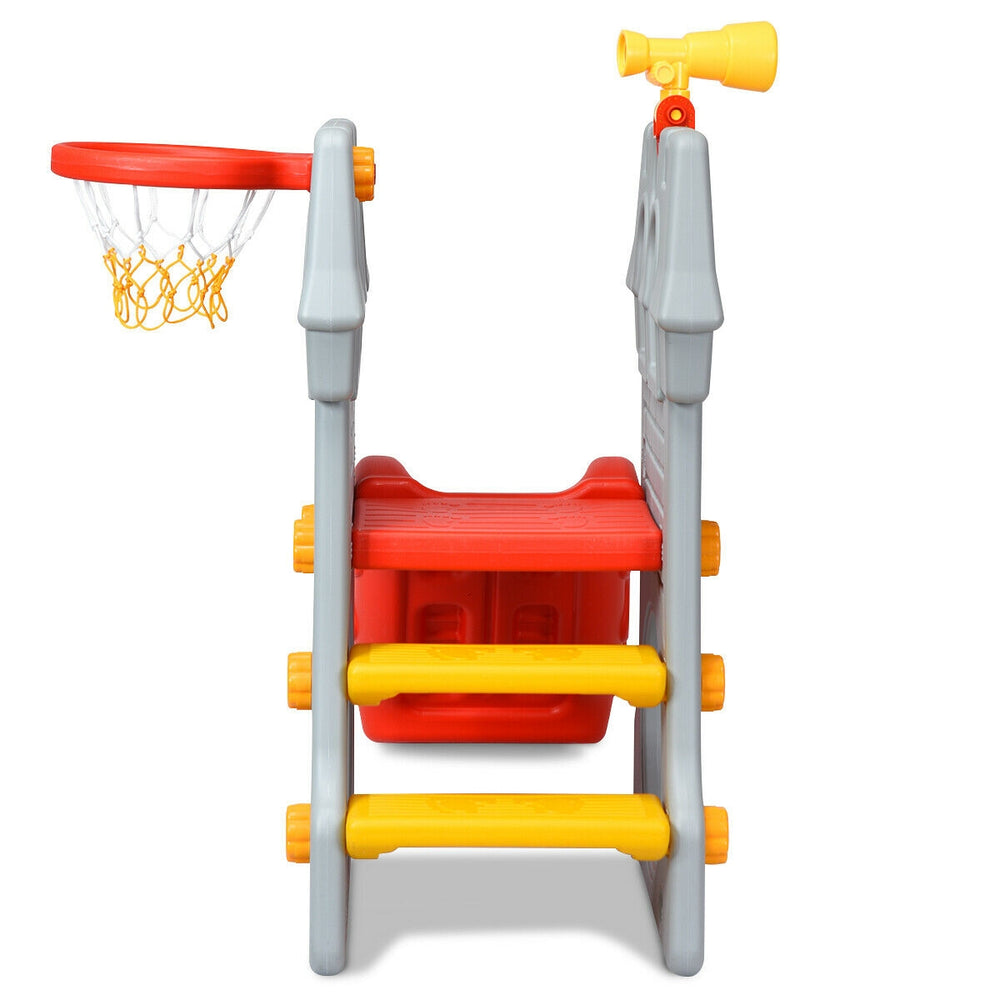 Toddler climber slide playset with basketball hoop and telescope, designed for indoor or outdoor fun and safety.