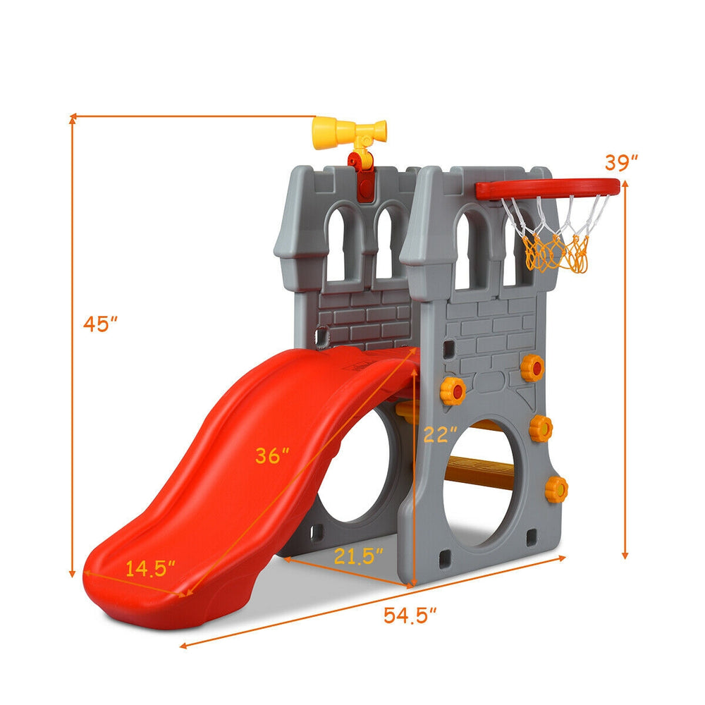 Toddler climber slide playset with basketball hoop, telescope, and slide, made of non-toxic HDPE for indoor or outdoor.