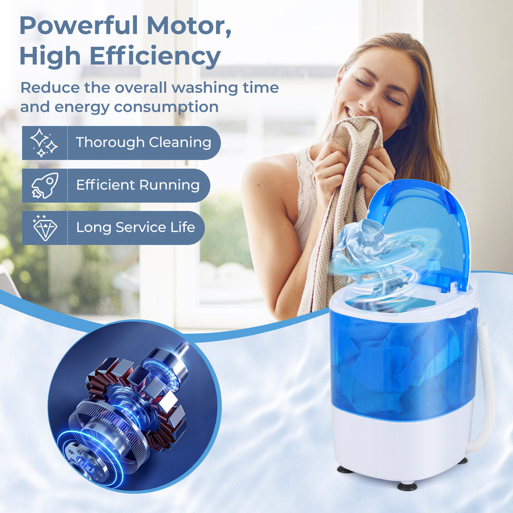 Portable semi-auto washing machine with 5.5 lbs capacity, powerful motor, and clear lid for easy laundry monitoring.