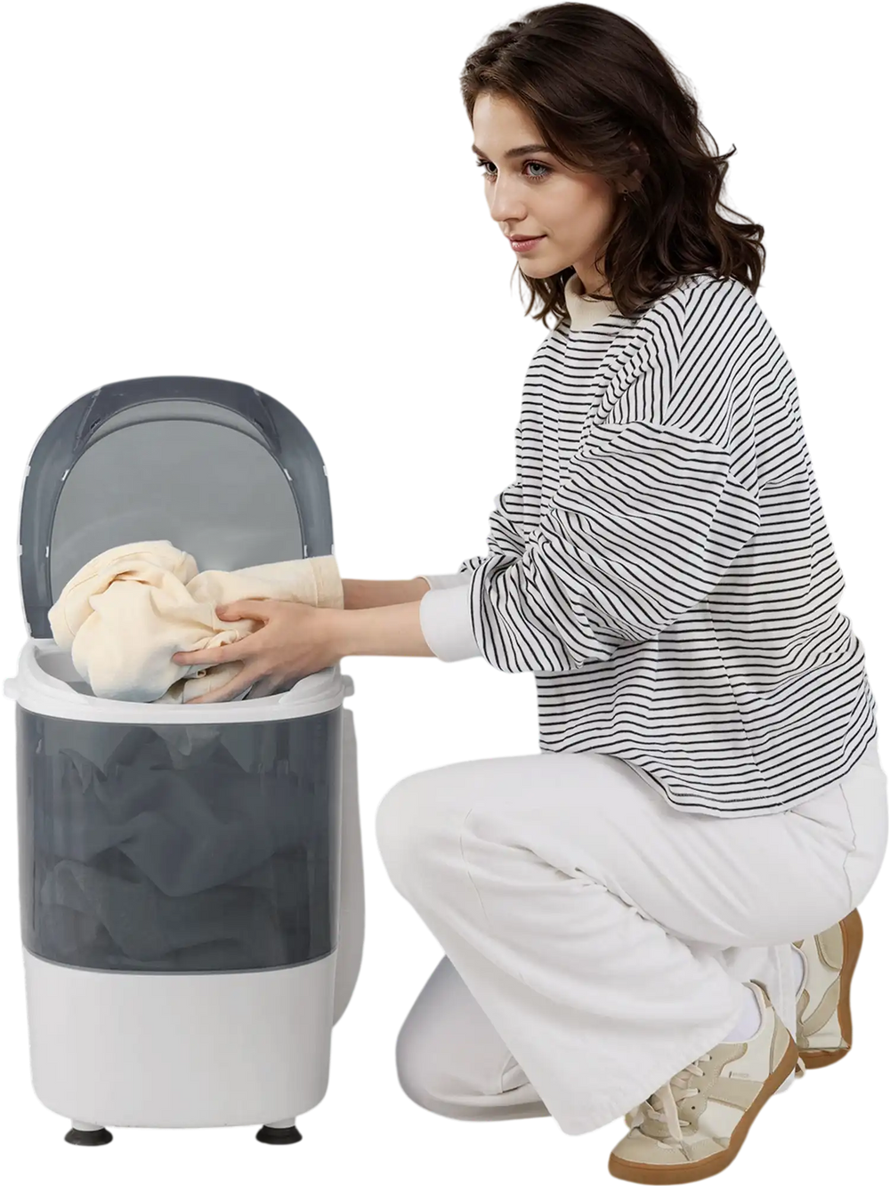 Portable mini washing machine with gray tub, ideal for daily laundry, featuring a spin basket and clear lid for.