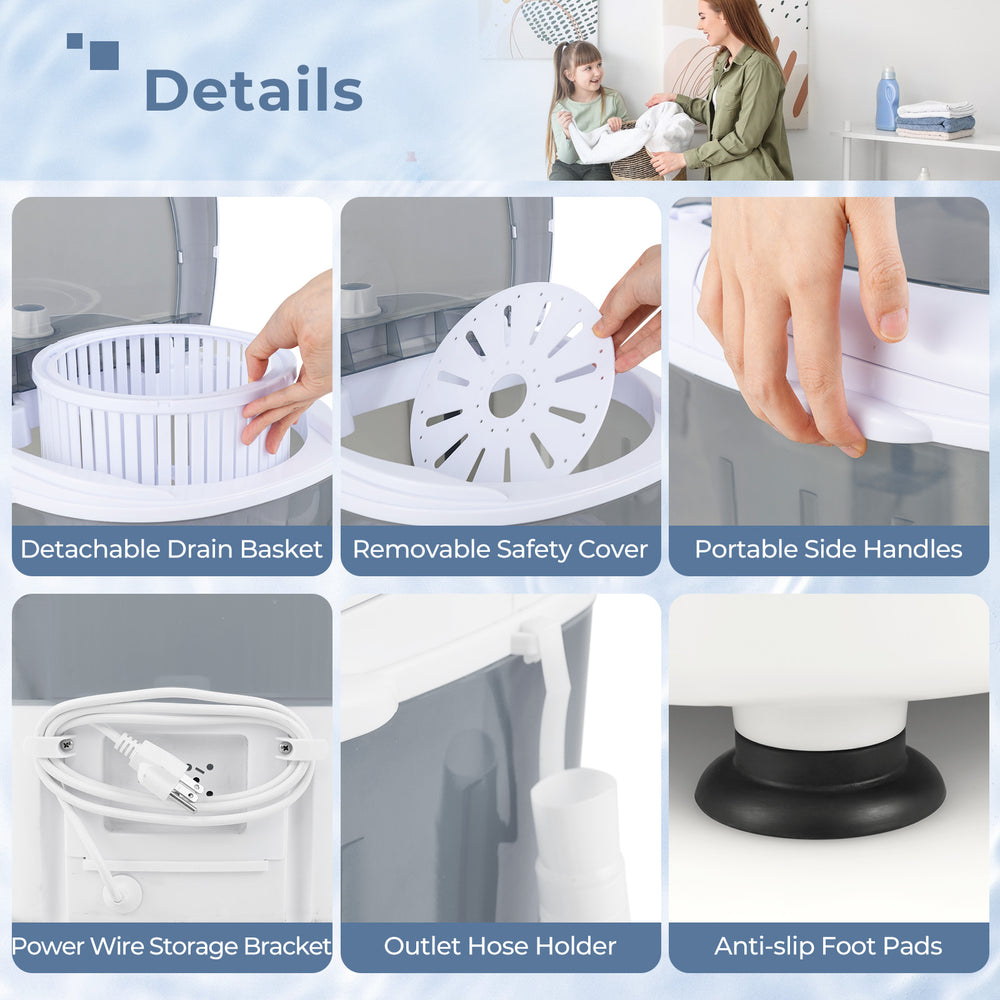 Detachable drain basket and removable safety cover of the gray portable mini washing machine for easy laundry.
