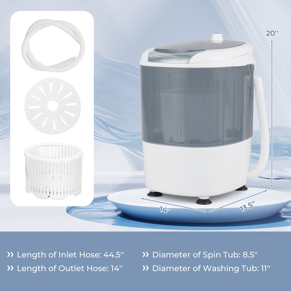 Portable mini washing machine with a single tub, gray, featuring a spin basket and drainage hose for easy laundry.