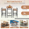Bar table set for 4 featuring acacia wood surfaces and metal frame, ideal for deck, poolside, or indoor use.