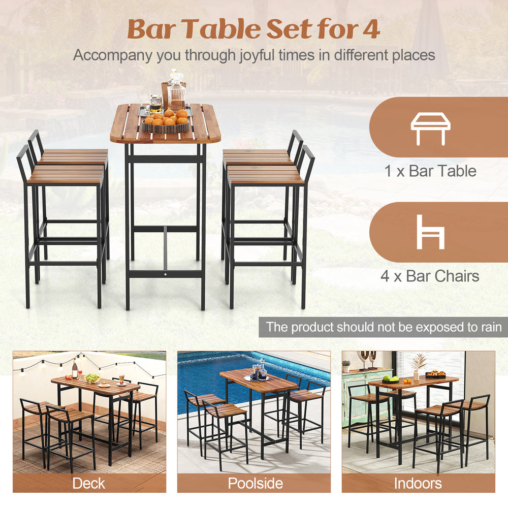 Bar table set for 4 featuring acacia wood surfaces and metal frame, ideal for deck, poolside, or indoor use.