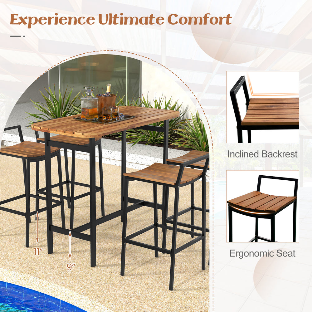 Bar height table set featuring acacia wood surfaces and metal frame, ideal for outdoor and indoor gatherings.