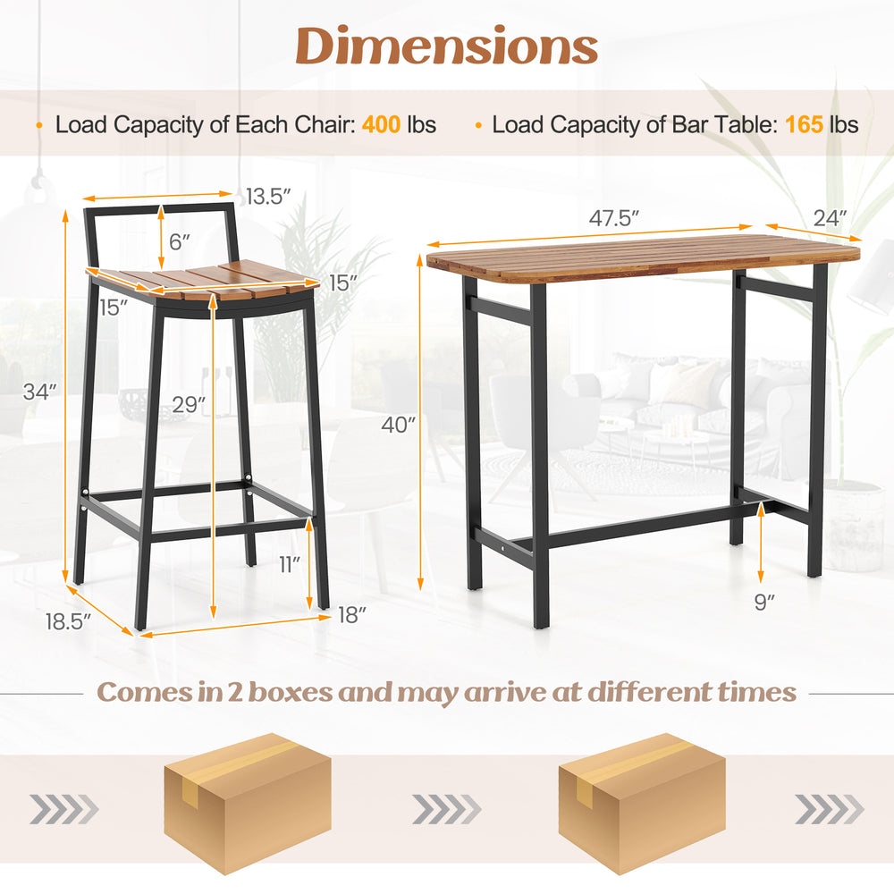 Bar table dimensions with slatted acacia wood surface and metal frame, perfect for indoor or outdoor use.