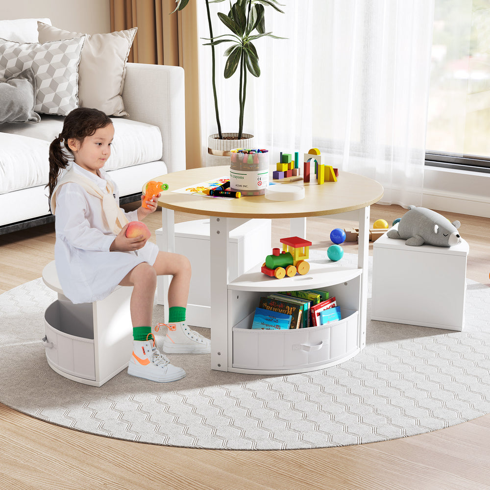 5 Piece Toddler Round Nesting Table with 4 Storage Stools for Activity-Natural - Gallery View 1 of 9
