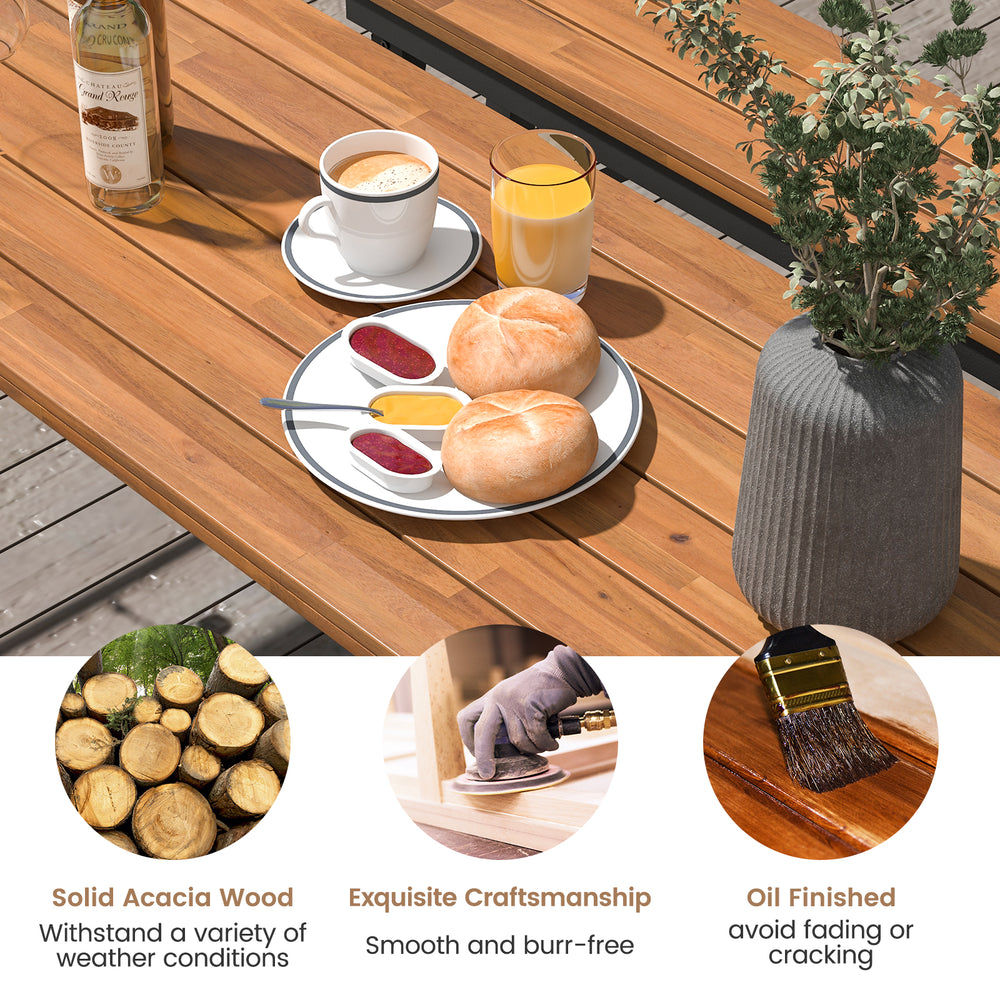 Outdoor dining table and bench set with solid acacia wood top, perfect for yard, garden, or poolside gatherings.