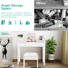 White vanity makeup dressing table showcasing spacious tabletop for organizing cosmetics, paired with a cushioned stool.