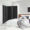 4-panel black room divider with curved metal base, ideal for creating privacy in living rooms or home offices.