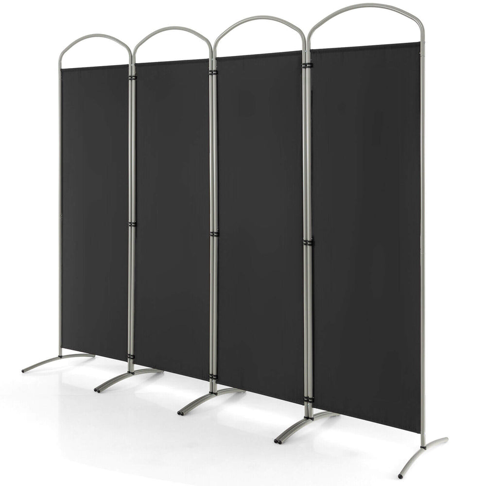 Four-panel room divider in black with durable polyester fabric, ideal for creating privacy in home or office spaces.