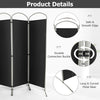 4-panel black room divider with durable polyester fabric and curved metal base for privacy in home or office settings.