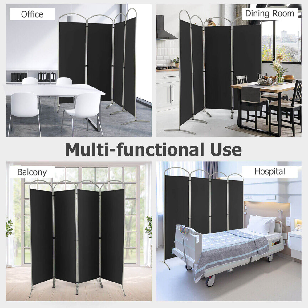 4-panel black room divider showcasing multi-functional use in office, dining room, balcony, and hospital settings.