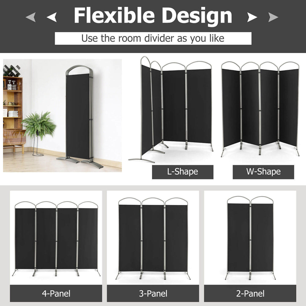 4-panel black room divider with a curved metal base, ideal for creating privacy in home or office spaces.