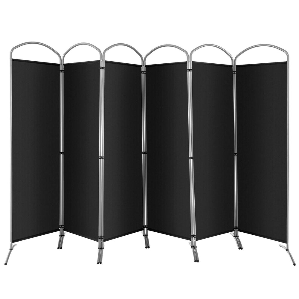 Freestanding 6-panel black privacy screen with durable polyester fabric and stable metal base, ideal for various spaces.