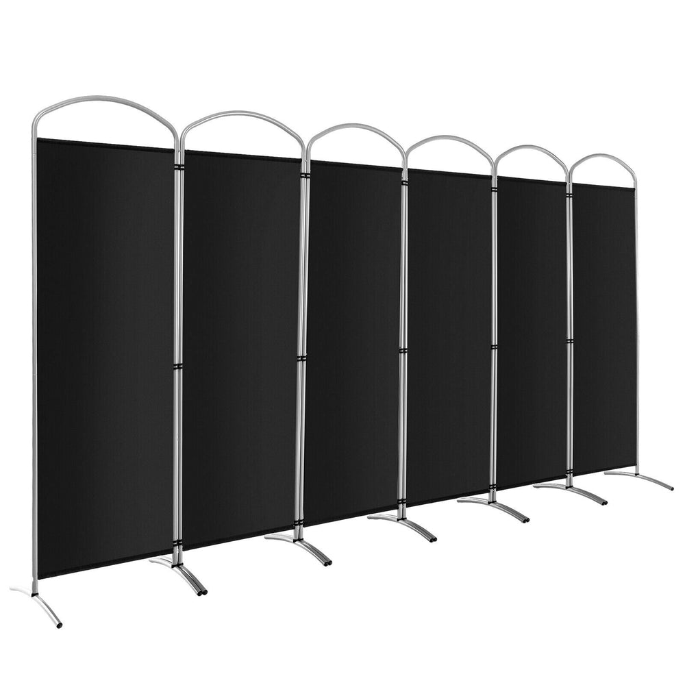 Freestanding 6-panel privacy screen in black, made of durable polyester fabric, ideal for offices and dining rooms.