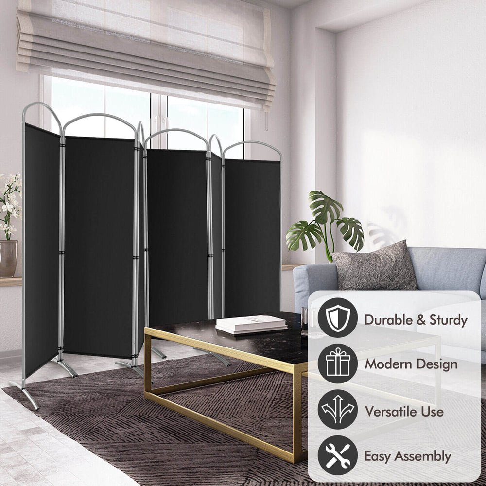 Freestanding 6-panel folding privacy screen in black, made of durable polyester, ideal for versatile room decoration.