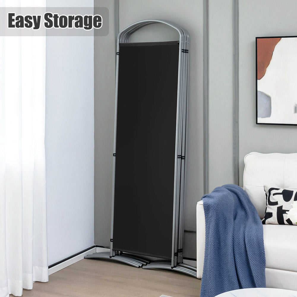 Freestanding 6-panel folding privacy screen in black, featuring durable fabric and a stable curved metal base for.