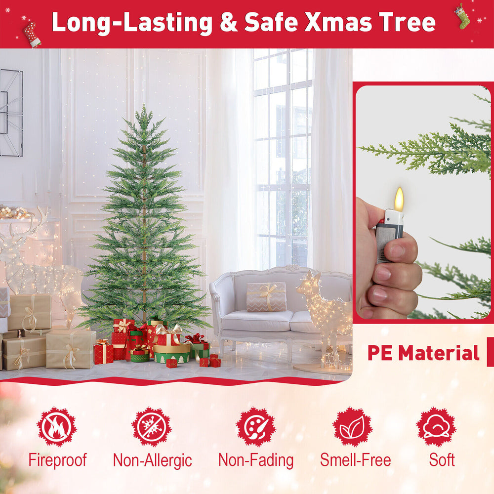 6.5 ft pre-lit artificial cypress Christmas tree with fireproof PE branches and warm white lights for festive decor.