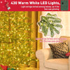 Pre-lit 6.5 ft artificial cypress Christmas tree with 430 warm white LED lights, featuring realistic foliage and hinged.